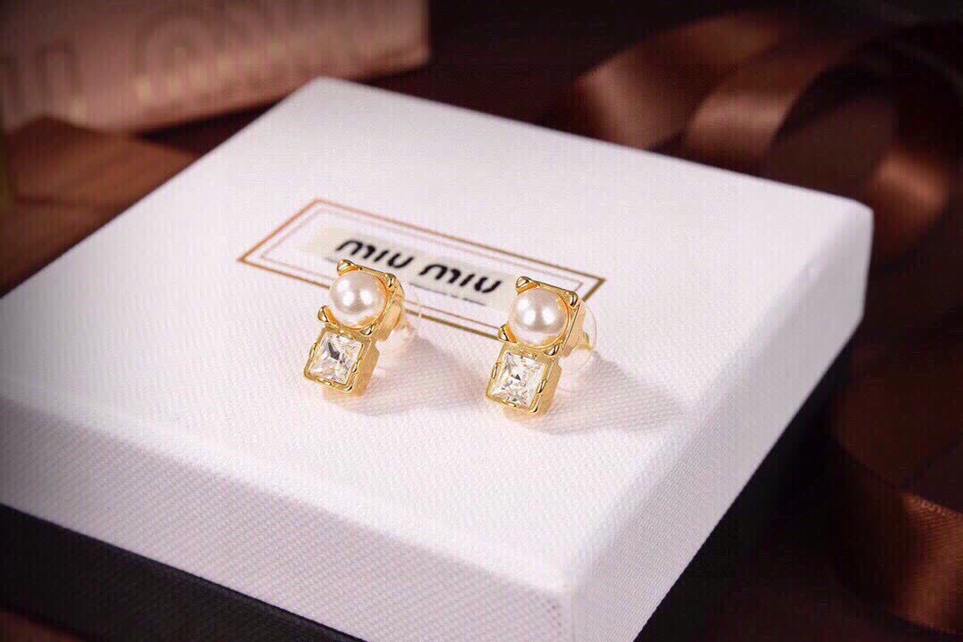 Miu Miu Gold Tone Pearl and Crystal Stud Earrings